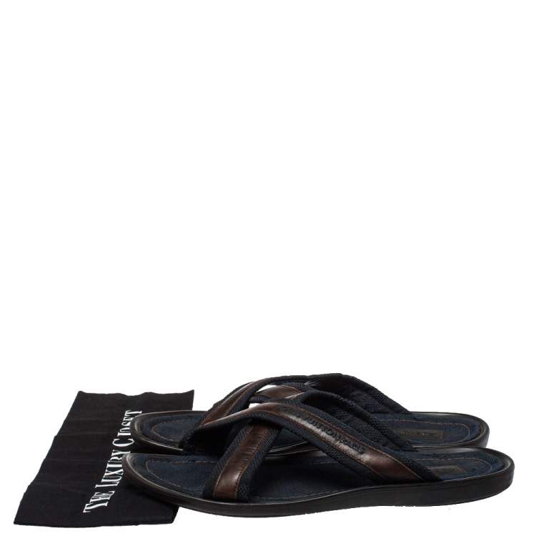 Pre Owned Louis Vuitton Blue/Brown Canvas And Leather Trim Cross Strap Flat Slides Size 45