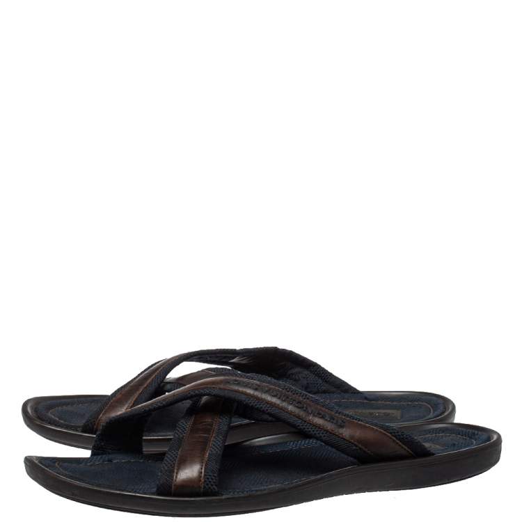 Pre Owned Louis Vuitton Blue/Brown Canvas And Leather Trim Cross Strap Flat Slides Size 45