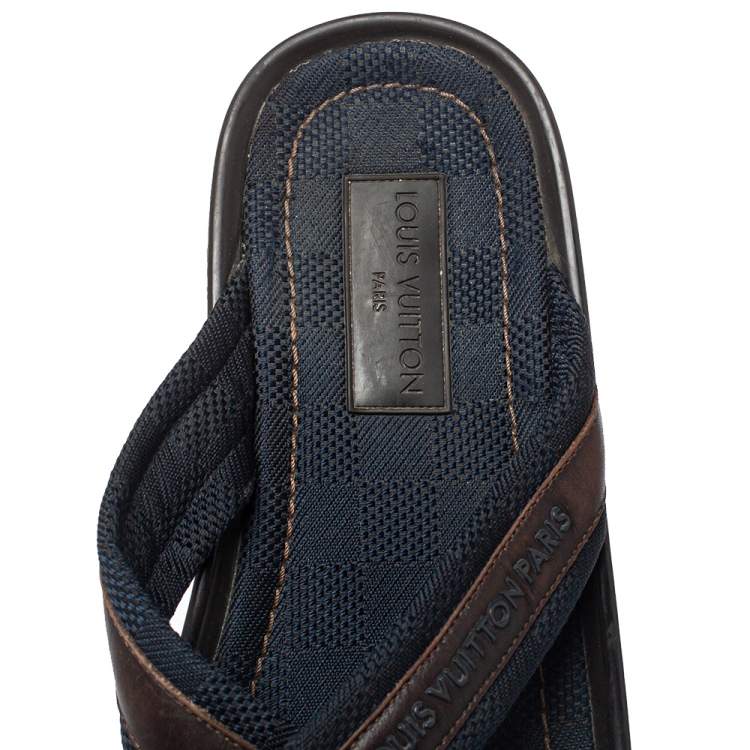 Pre Owned Louis Vuitton Blue/Brown Canvas And Leather Trim Cross Strap Flat Slides Size 45