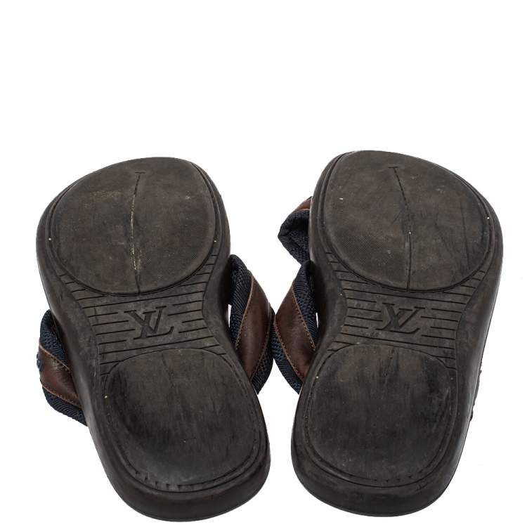 Pre Owned Louis Vuitton Blue/Brown Canvas And Leather Trim Cross Strap Flat Slides Size 45