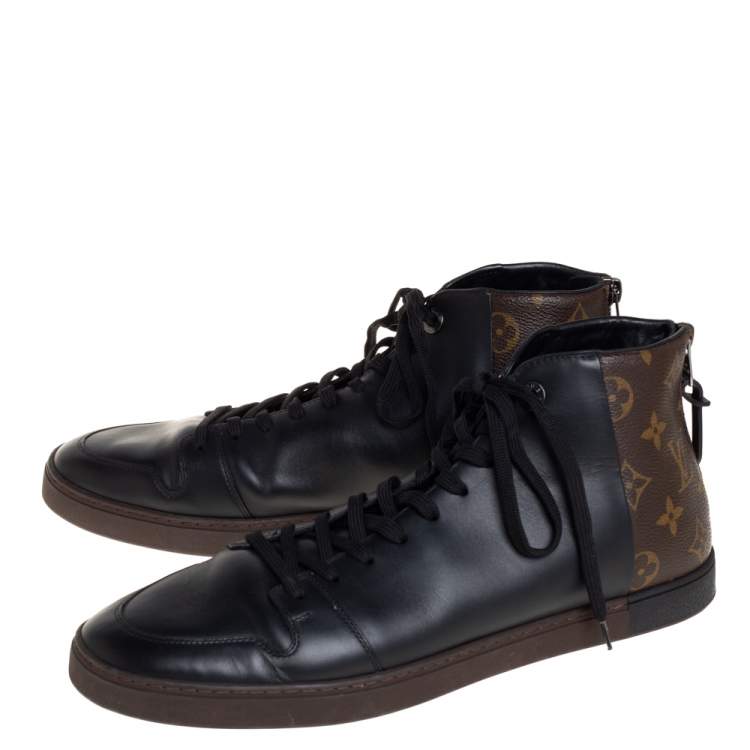 Pre Owned Louis Vuitton Black/Brown Leather And Monogram Canvas Line Up High Top Sneakers Size 42.5