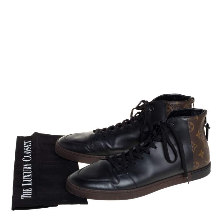 Pre Owned Louis Vuitton Black/Brown Leather And Monogram Canvas Line Up High Top Sneakers Size 42.5