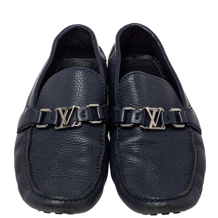 Pre Owned Louis Vuitton Blue Textured Leather Hockenheim Moccasins Size 43
