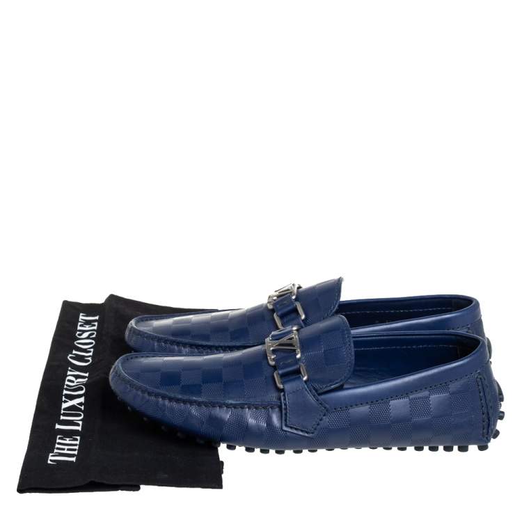 Pre Owned Louis Vuitton Blue Leather Damier Infini Hockenheim Slip On Loafers Size 41.5