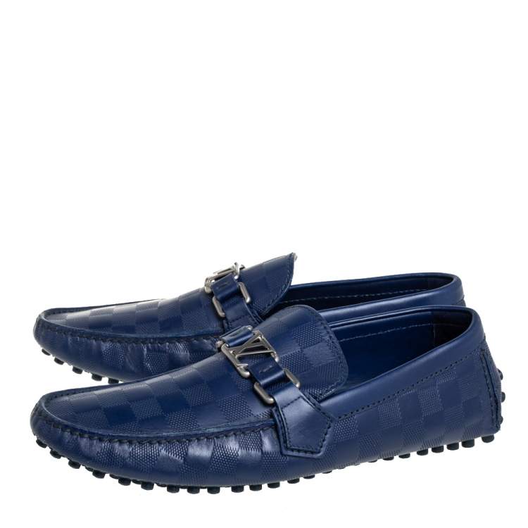 Pre Owned Louis Vuitton Blue Leather Damier Infini Hockenheim Slip On Loafers Size 41.5