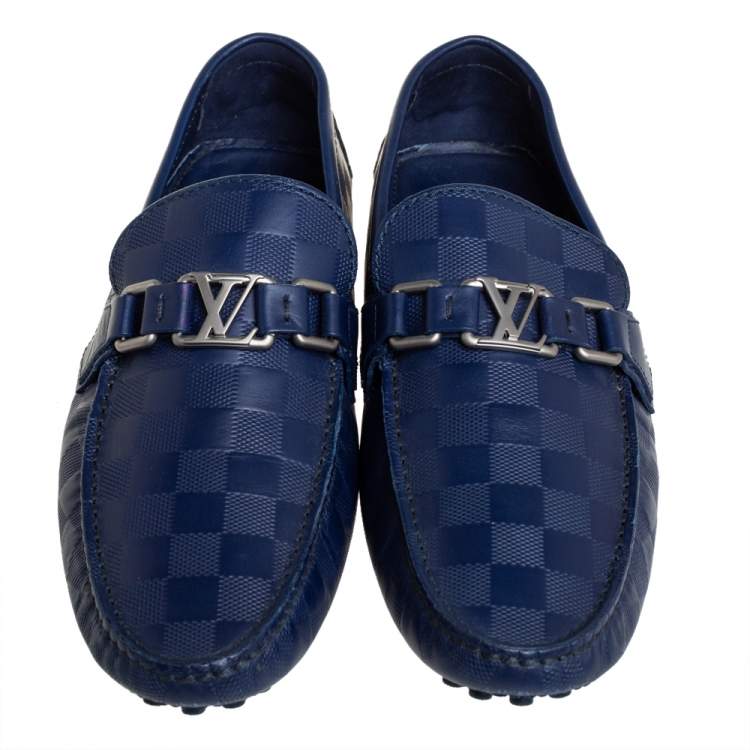 Pre Owned Louis Vuitton Blue Leather Damier Infini Hockenheim Slip On Loafers Size 41.5