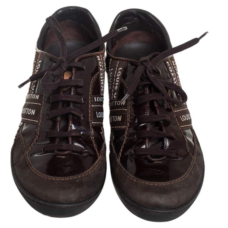 Pre Owned Louis Vuitton Brown Suede And Patent Leather Low Top Sneaker Size 39