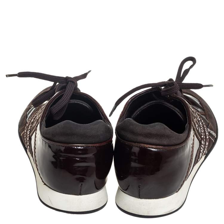 Pre Owned Louis Vuitton Brown Suede And Patent Leather Low Top Sneaker Size 39