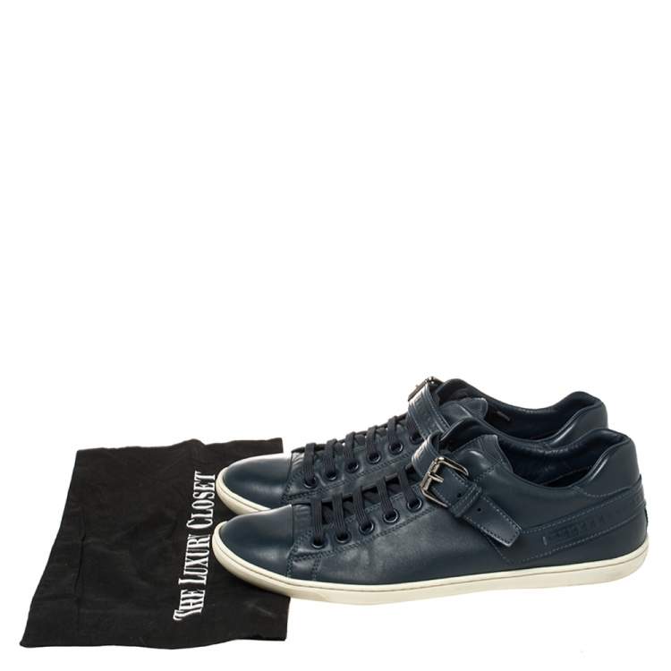 Pre Owned Louis Vuitton Blue Leather Cap Toe Buckle Strap Lace Up Sneakers Size 42