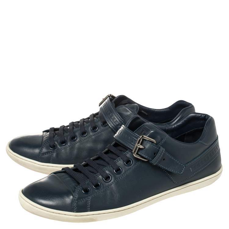 Pre Owned Louis Vuitton Blue Leather Cap Toe Buckle Strap Lace Up Sneakers Size 42