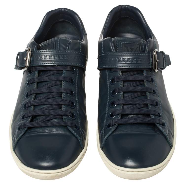 Pre Owned Louis Vuitton Blue Leather Cap Toe Buckle Strap Lace Up Sneakers Size 42