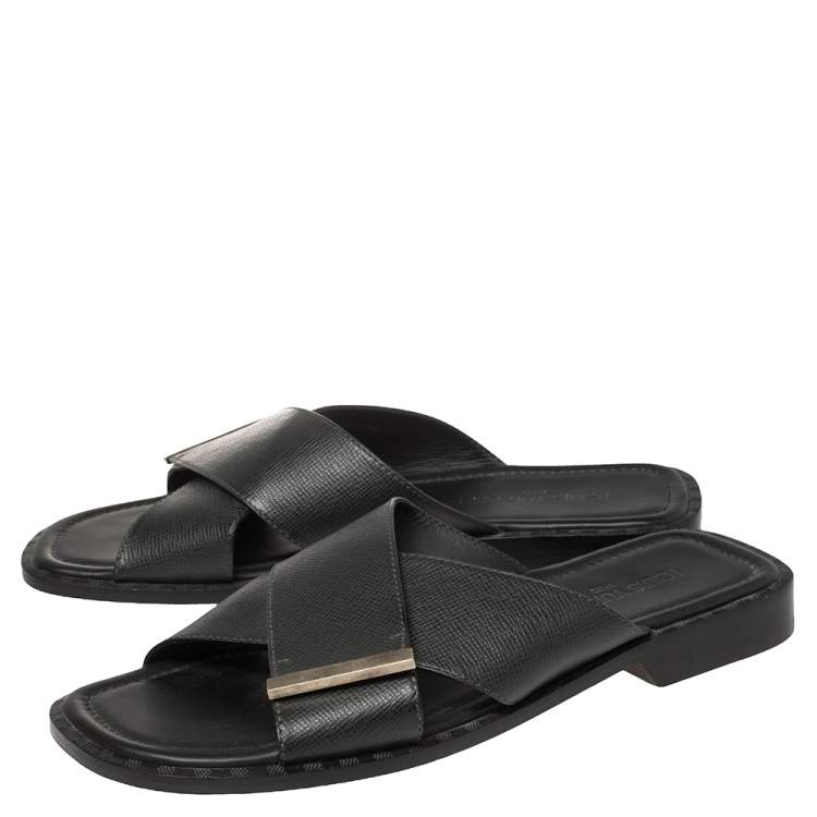 Pre Owned Louis Vuitton Black Taiga Leather Cross Strap Flat Slides Size 43.5 