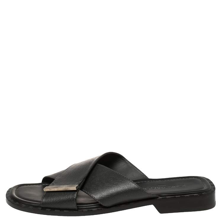 Pre Owned Louis Vuitton Black Taiga Leather Cross Strap Flat Slides Size 43.5 