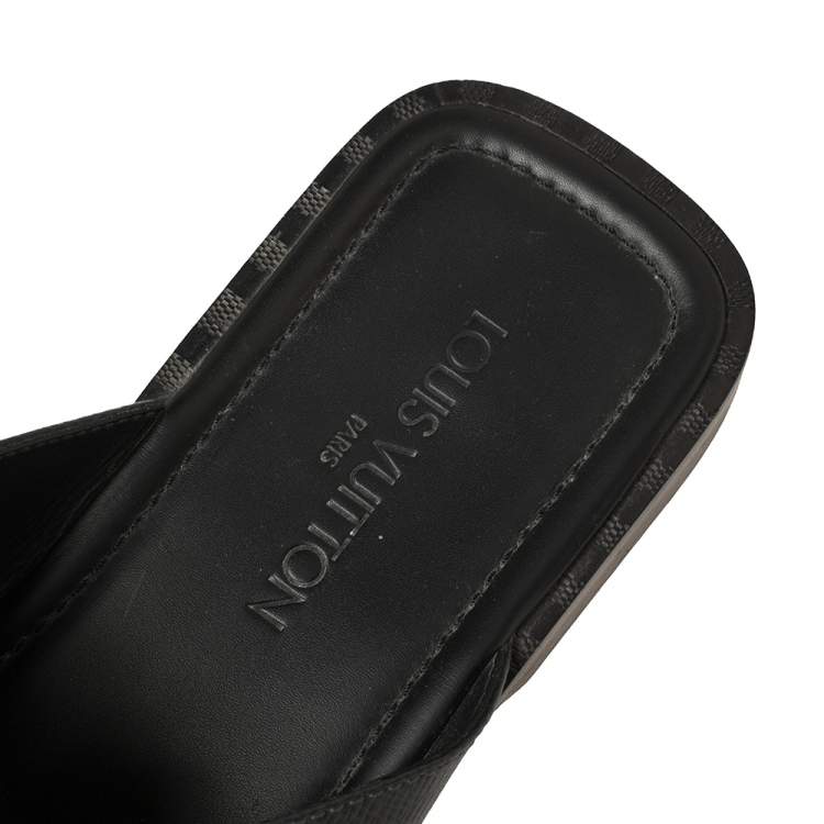 Pre Owned Louis Vuitton Black Taiga Leather Cross Strap Flat Slides Size 43.5 