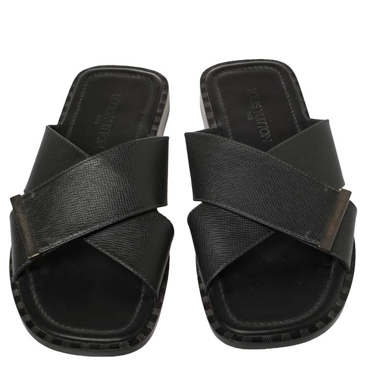 Pre Owned Louis Vuitton Black Taiga Leather Cross Strap Flat Slides Size 43.5 