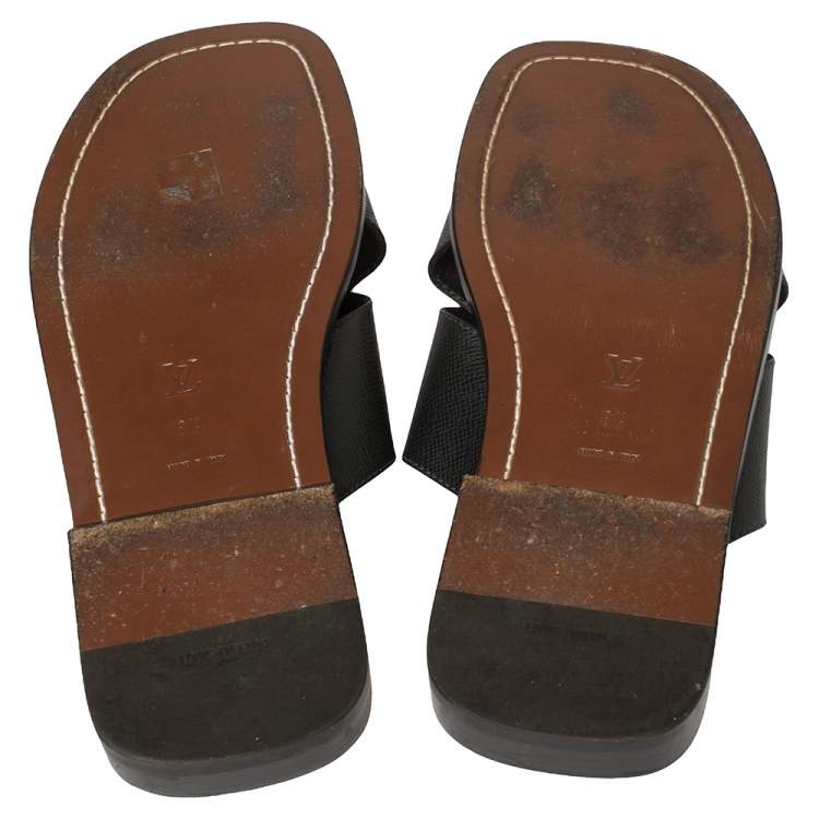 Pre Owned Louis Vuitton Black Taiga Leather Cross Strap Flat Slides Size 43.5 
