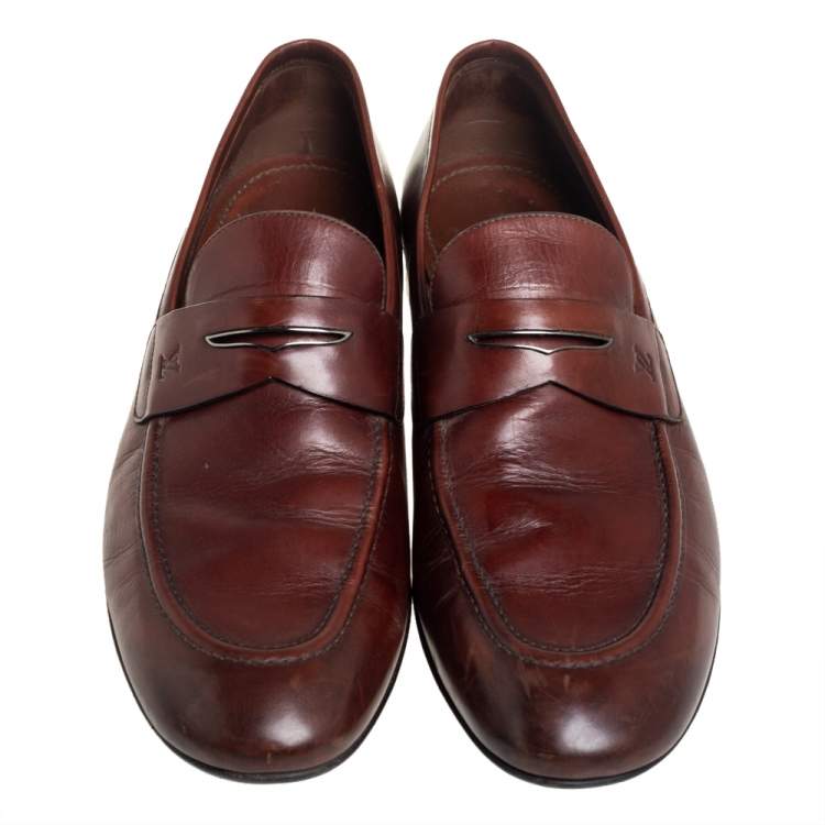 Pre Owned Louis Vuitton Brown Leather Penny Slip On Loafers Size 43.5