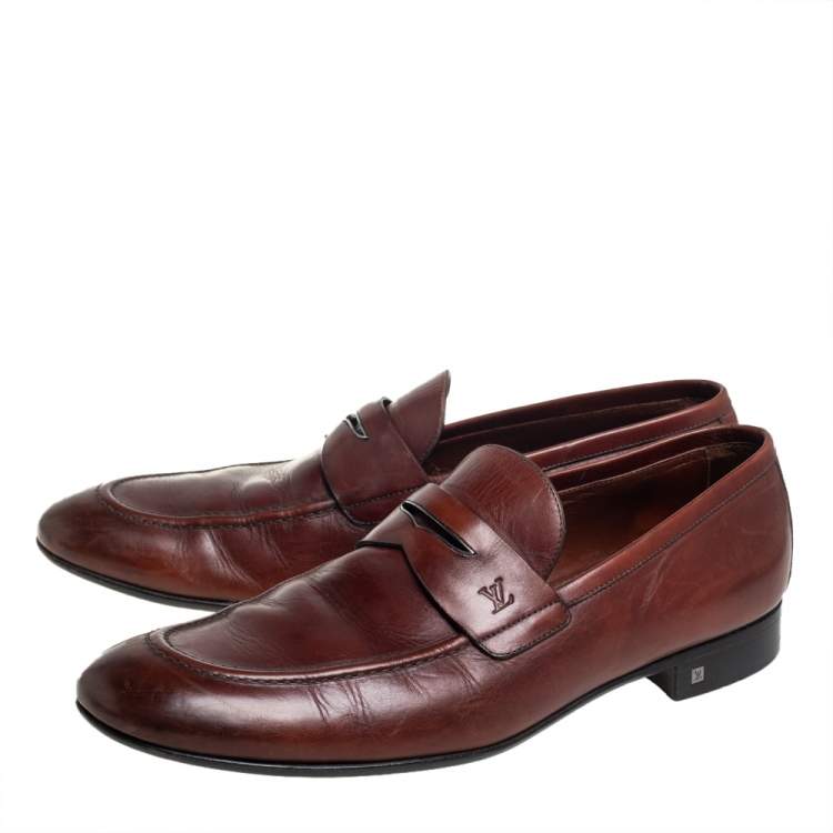Pre Owned Louis Vuitton Brown Leather Penny Slip On Loafers Size 43.5