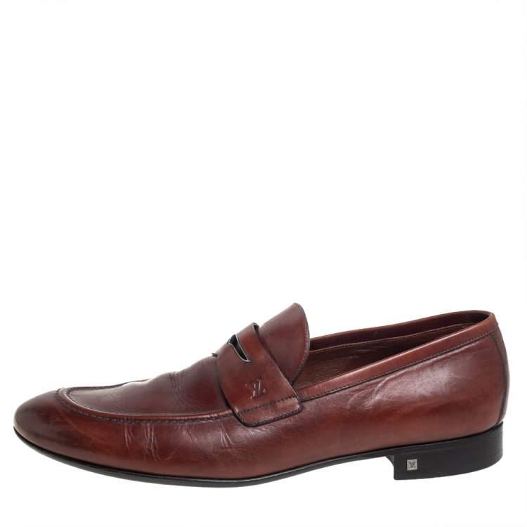 Pre Owned Louis Vuitton Brown Leather Penny Slip On Loafers Size 43.5
