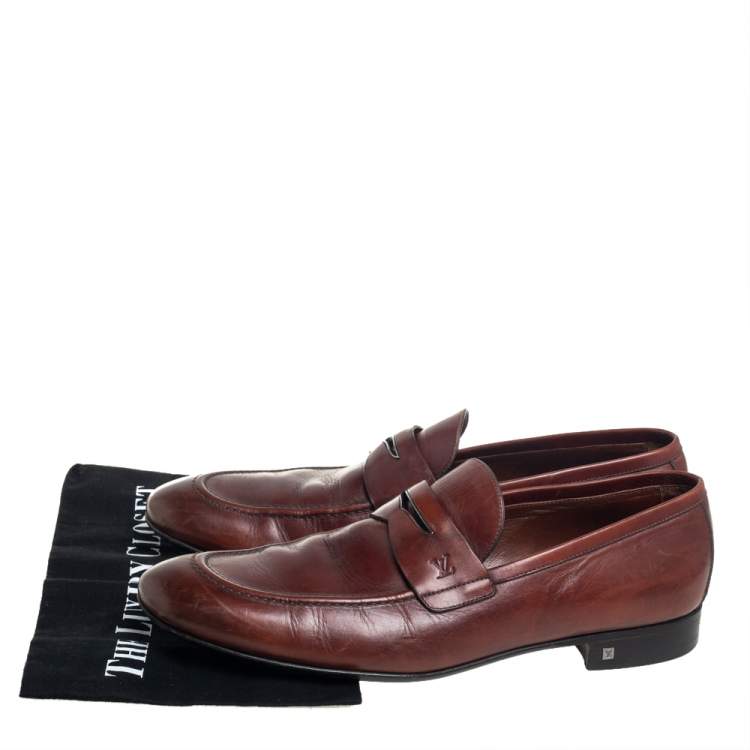 Pre Owned Louis Vuitton Brown Leather Penny Slip On Loafers Size 43.5