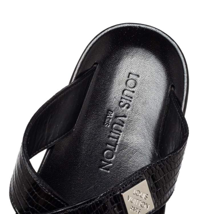 Pre Owned Louis Vuitton Black Embossed Leather Slip on Flat Sandals Size 41
