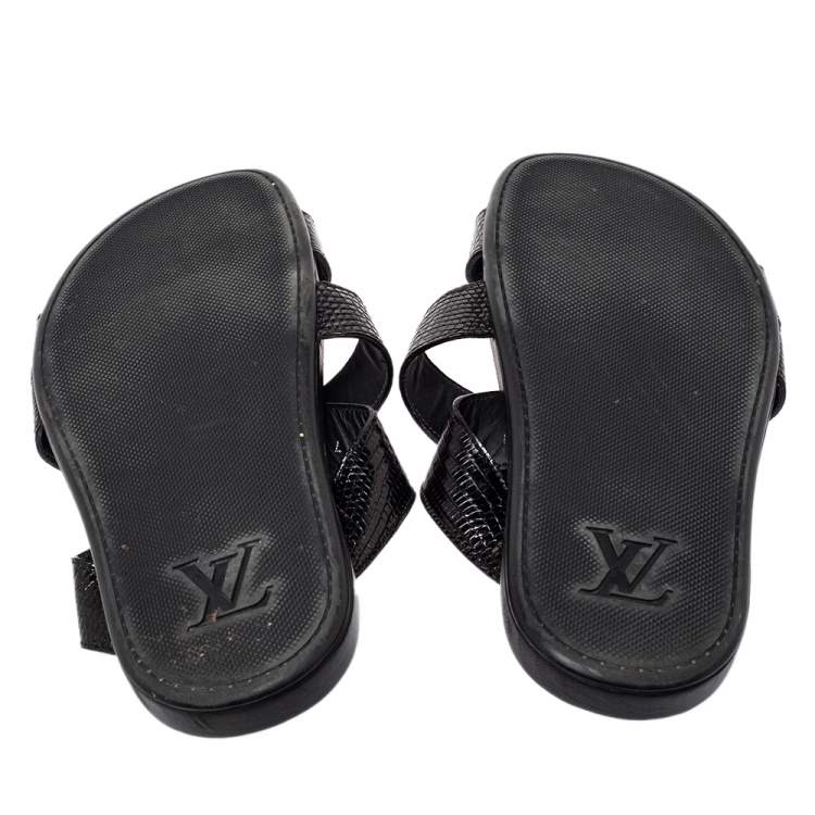 Pre Owned Louis Vuitton Black Embossed Leather Slip on Flat Sandals Size 41