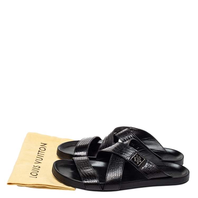 Pre Owned Louis Vuitton Black Embossed Leather Slip on Flat Sandals Size 41