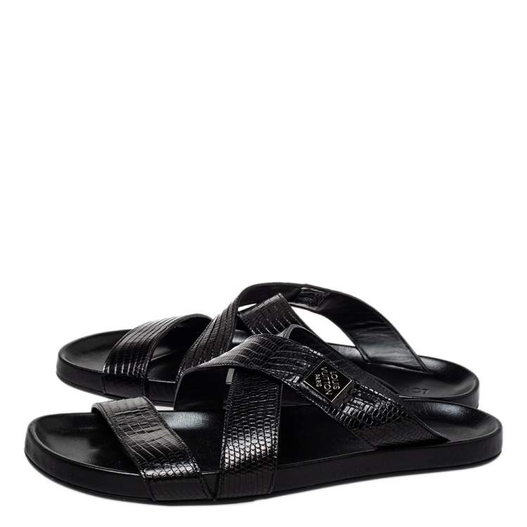 Pre Owned Louis Vuitton Black Embossed Leather Slip on Flat Sandals Size 41