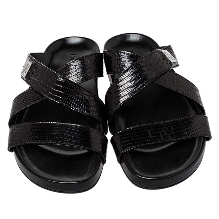 Pre Owned Louis Vuitton Black Embossed Leather Slip on Flat Sandals Size 41