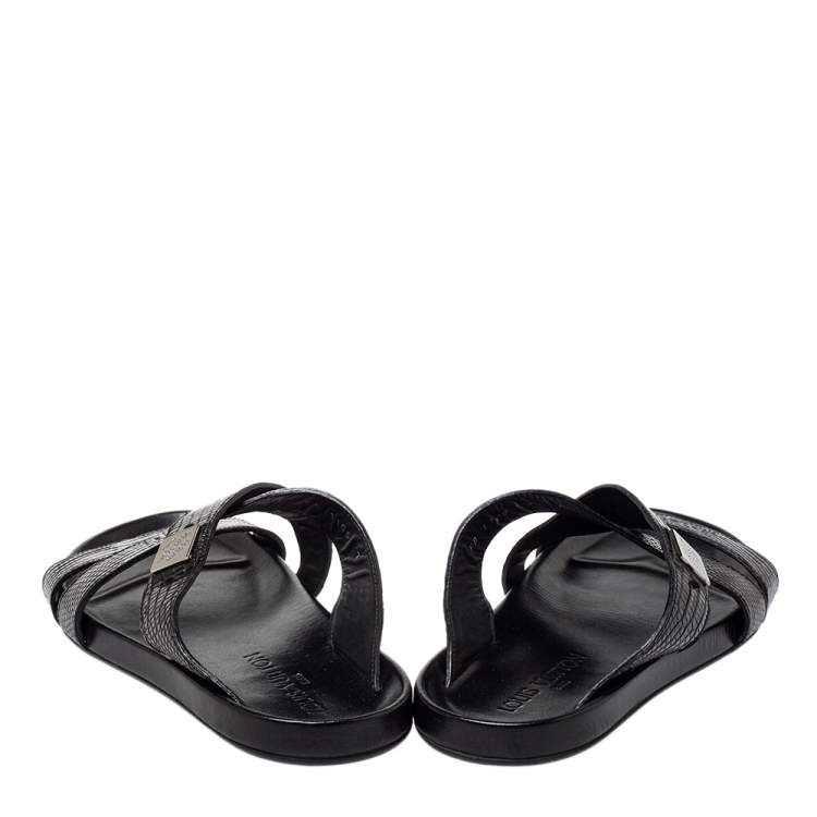 Pre Owned Louis Vuitton Black Embossed Leather Slip on Flat Sandals Size 41