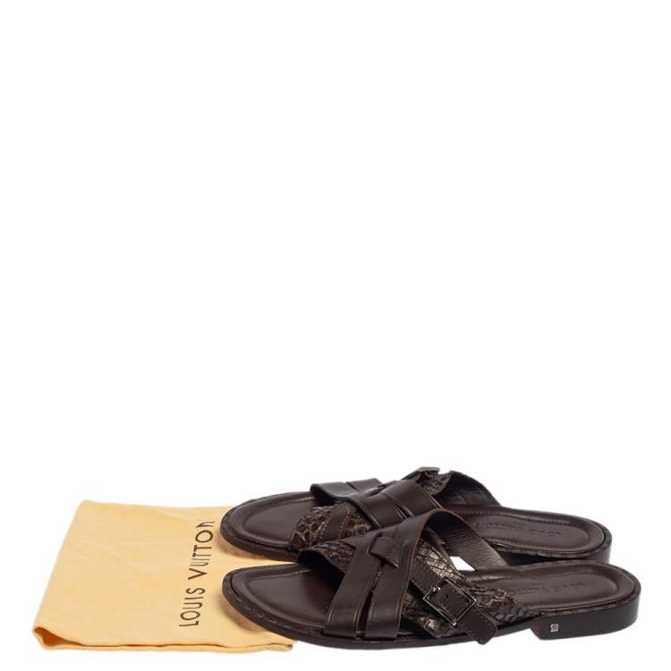 Pre Owned Louis Vuitton Brown Python And Leather Criss-Cross Flat Sandals Size 45