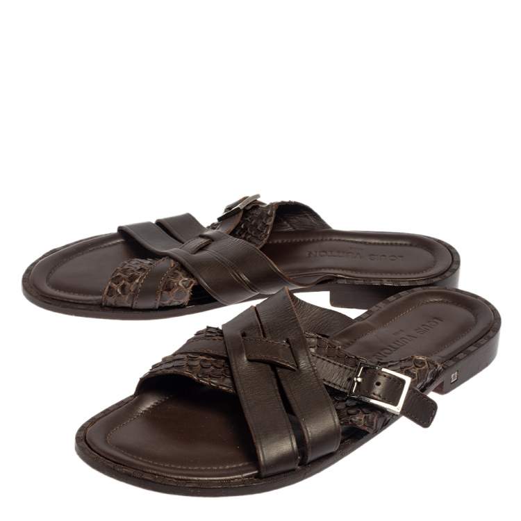 Pre Owned Louis Vuitton Brown Python And Leather Criss-Cross Flat Sandals Size 45