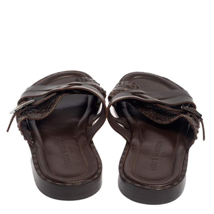 Pre Owned Louis Vuitton Brown Python And Leather Criss-Cross Flat Sandals Size 45