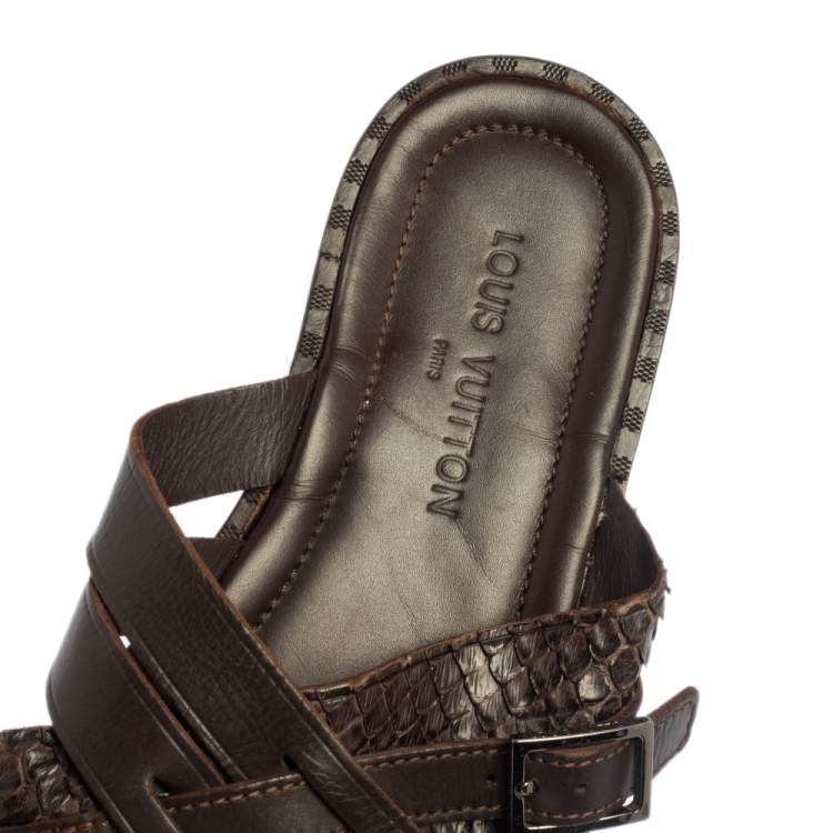 Pre Owned Louis Vuitton Brown Python And Leather Criss-Cross Flat Sandals Size 45