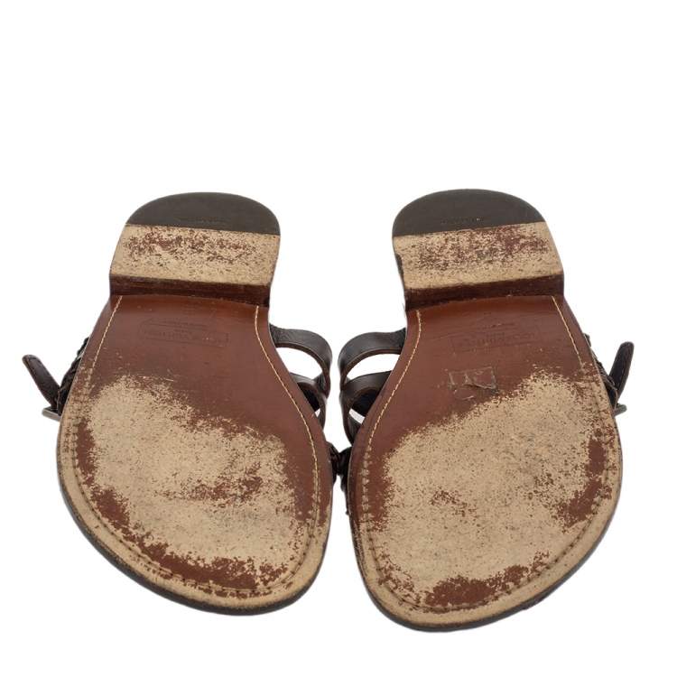 Pre Owned Louis Vuitton Brown Python And Leather Criss-Cross Flat Sandals Size 45