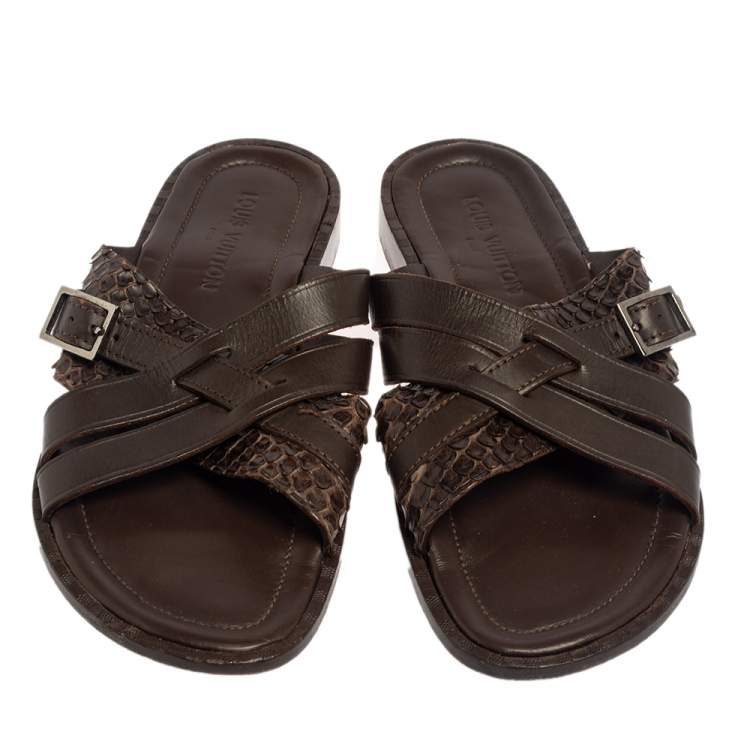 Pre Owned Louis Vuitton Brown Python And Leather Criss-Cross Flat Sandals Size 45