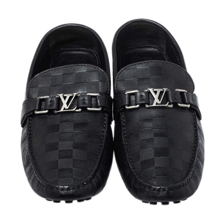 Pre Owned Louis Vuitton Black Damier Embossed Leather Hockenheim Slip On Loafers Size 44.5