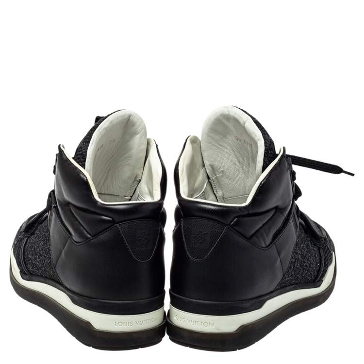 Pre Owned Louis Vuitton Black Knit Fabric And Leather High Top Sneakers Size 41.5
