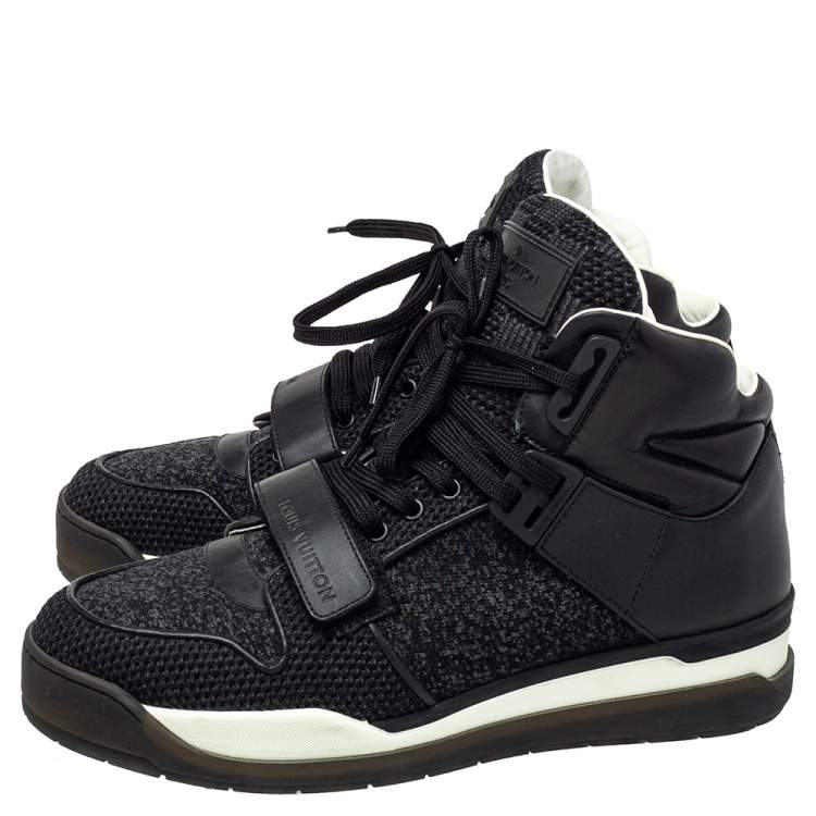 Pre Owned Louis Vuitton Black Knit Fabric And Leather High Top Sneakers Size 41.5