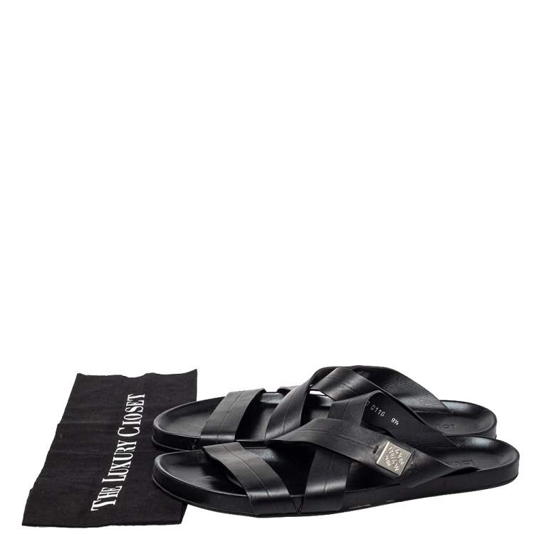 Pre Owned Louis Vuitton Black Leather Criss Cross Strap Flat Slide Sandals Size 43.5