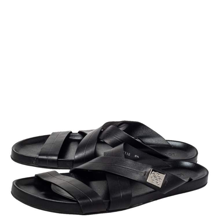 Pre Owned Louis Vuitton Black Leather Criss Cross Strap Flat Slide Sandals Size 43.5