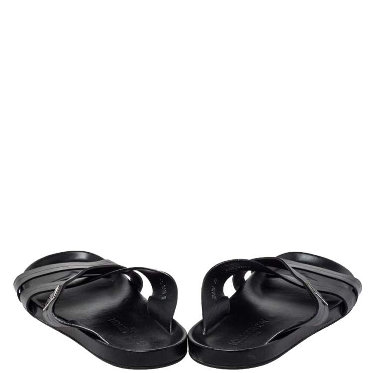 Pre Owned Louis Vuitton Black Leather Criss Cross Strap Flat Slide Sandals Size 43.5