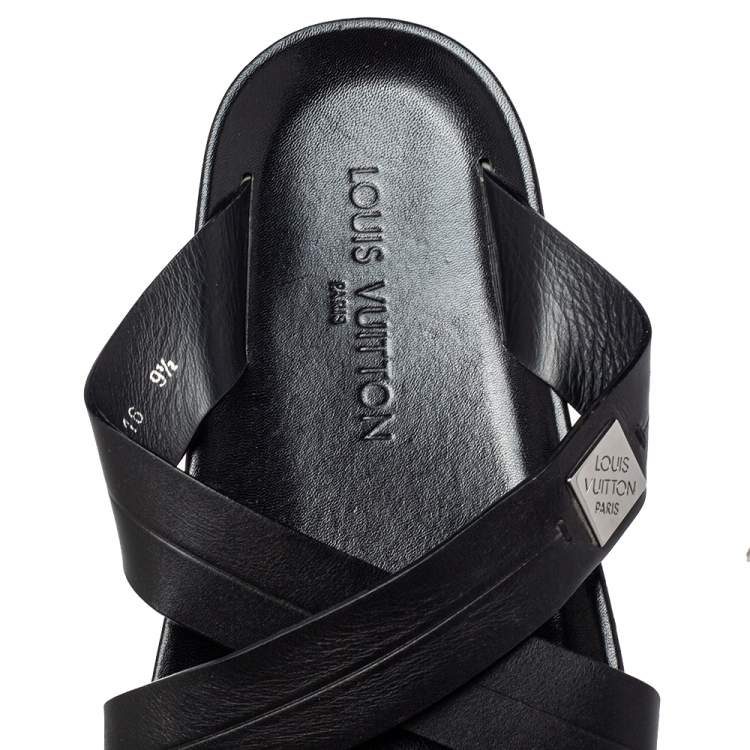 Pre Owned Louis Vuitton Black Leather Criss Cross Strap Flat Slide Sandals Size 43.5