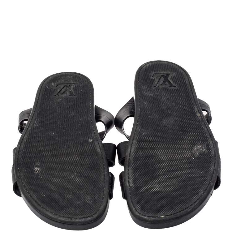 Pre Owned Louis Vuitton Black Leather Criss Cross Strap Flat Slide Sandals Size 43.5