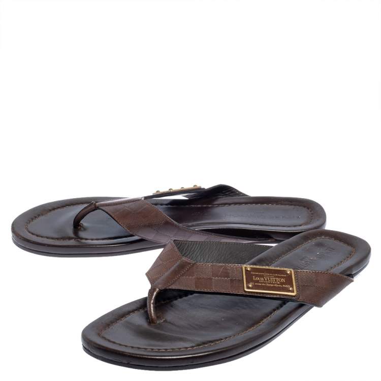 Pre Owned Louis Vuitton Brown Damier Leather Thong Flats Size 45