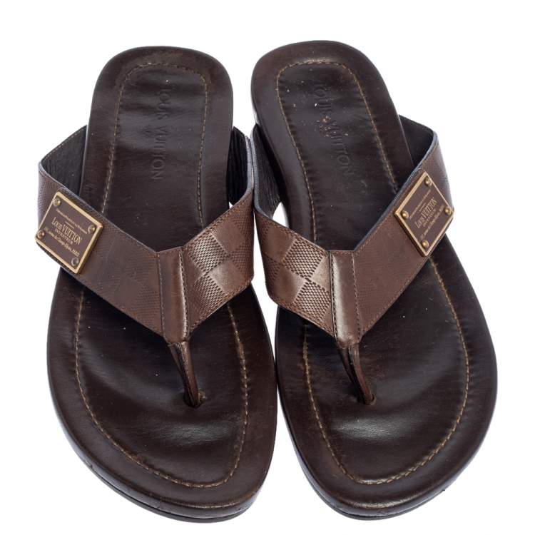 Pre Owned Louis Vuitton Brown Damier Leather Thong Flats Size 45