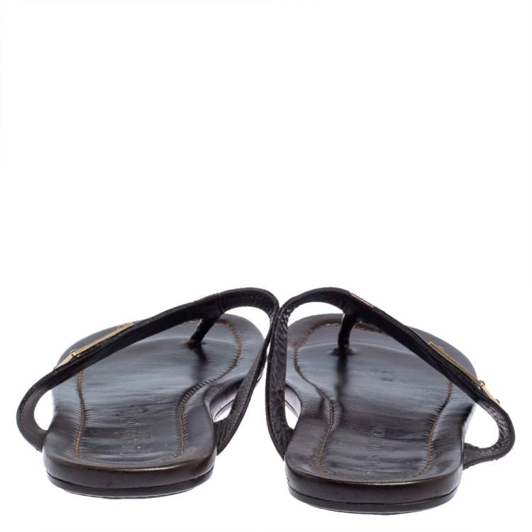 Pre Owned Louis Vuitton Brown Damier Leather Thong Flats Size 45