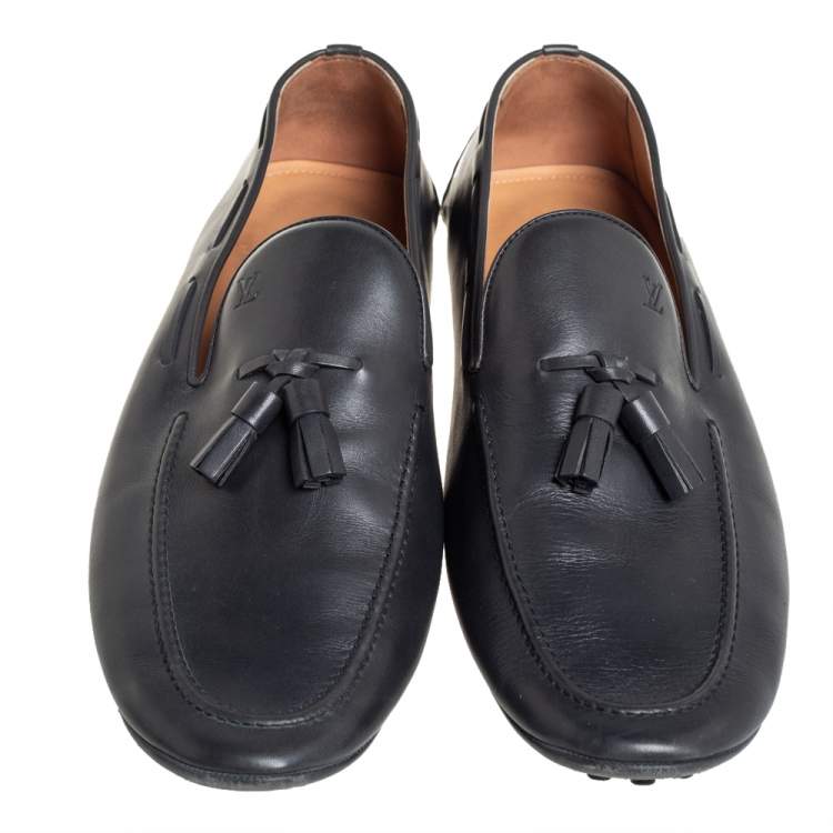 Pre Owned Louis Vuitton Grey Leather Imola Tassel Slip On Loafers Size 42.5