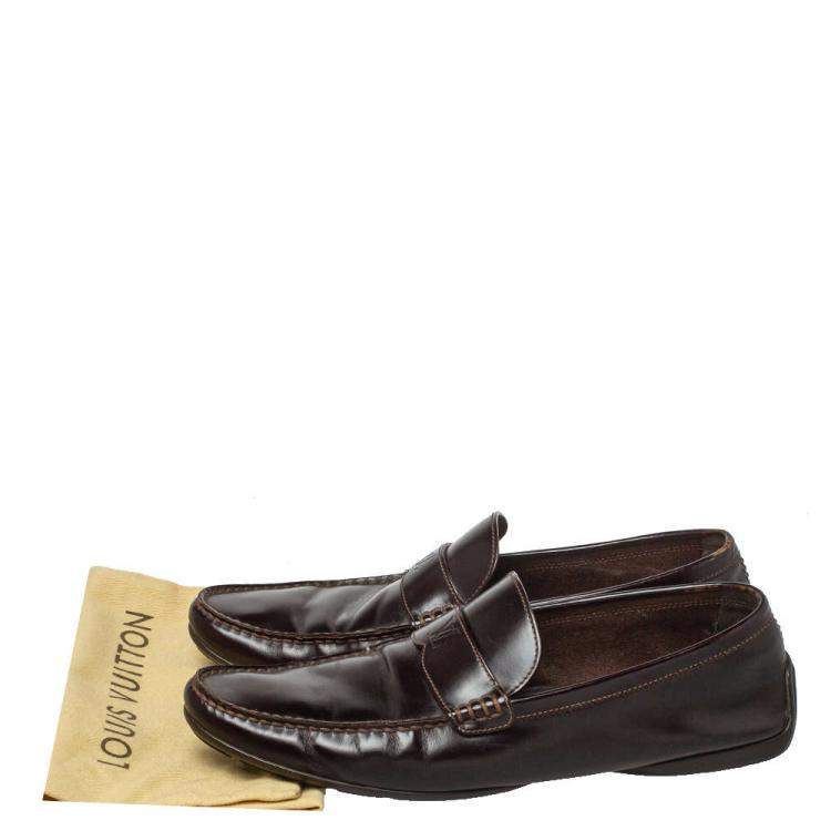 Pre Owned Louis Vuitton Dark Brown Leather Slip On Loafers Size 41
