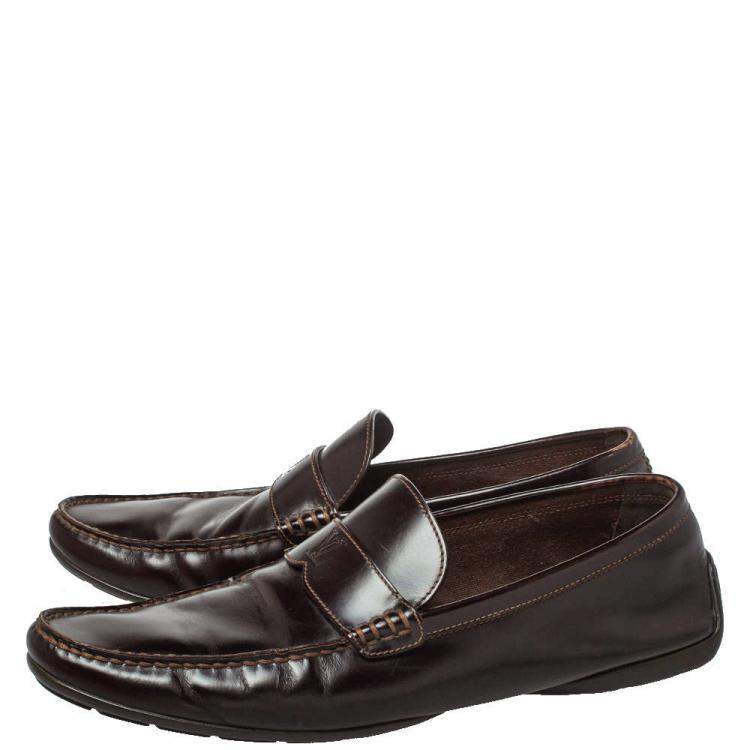 Pre Owned Louis Vuitton Dark Brown Leather Slip On Loafers Size 41